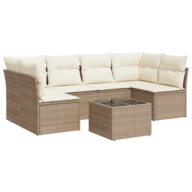 vidaXL 7-Tlg Garten-Sofagarnitur mit Kissen Beige Poly Rattan 3217398