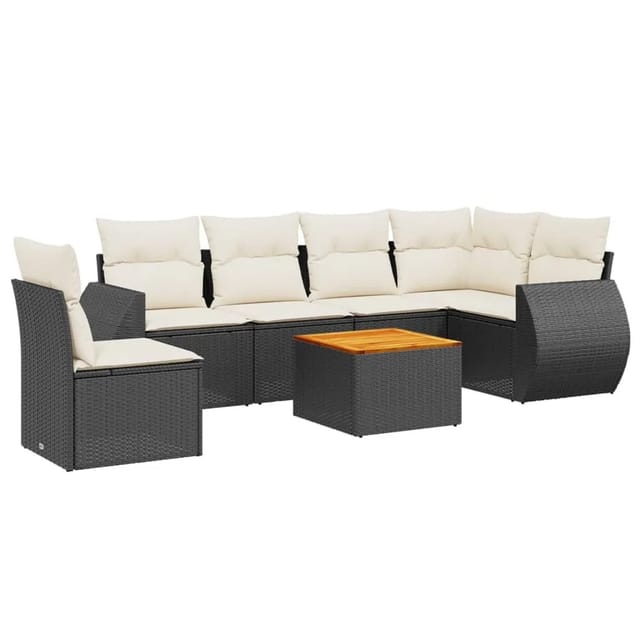 vidaXL 7-Tlg Garten-Sofagarnitur mit Kissen Schwarz Poly Rattan 3257358