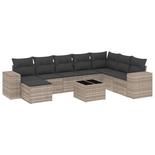 vidaXL 9-Tlg Garten-Sofagarnitur mit Kissen Hellgrau Poly Rattan 3222971