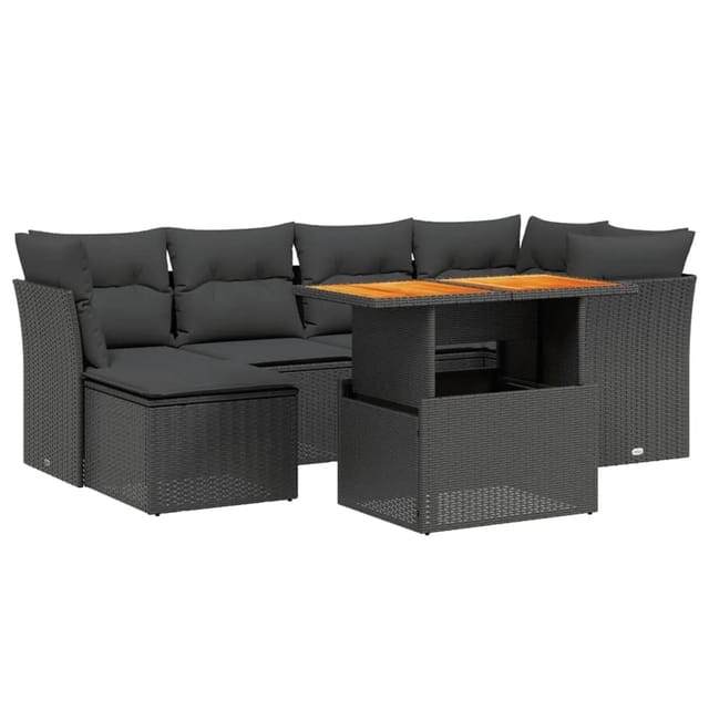 vidaXL 7-Tlg Garten-Sofagarnitur mit Kissen Schwarz Poly Rattan 3270936