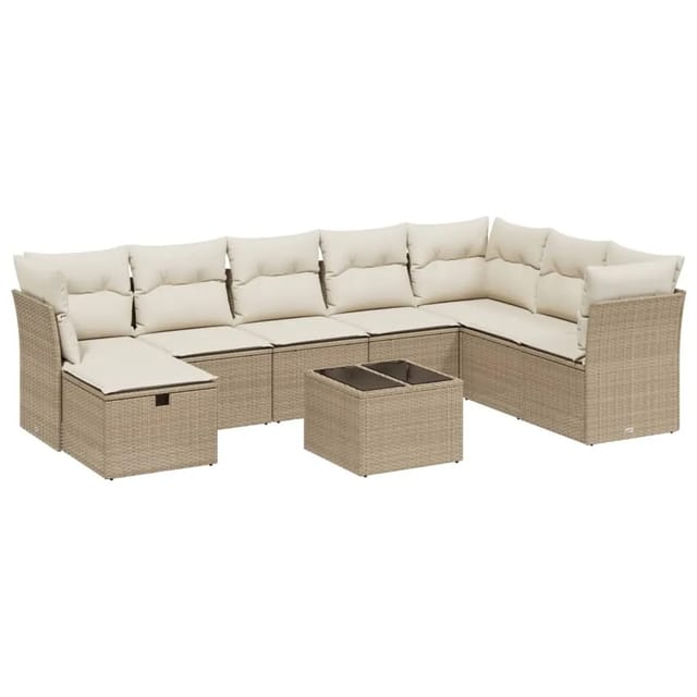 vidaXL 9-Tlg Garten-Sofagarnitur mit Kissen Beige Poly Rattan 3263284