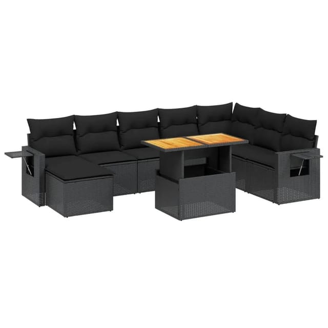 vidaXL 9-Tlg Garten-Sofagarnitur mit Kissen Schwarz Poly Rattan 3271888