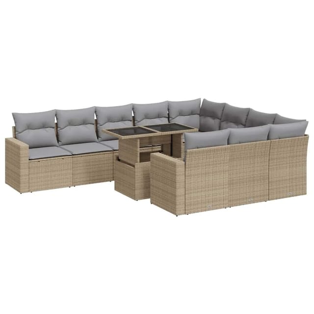 vidaXL 11-Tlg Garten-Sofagarnitur mit Kissen Beige Poly Rattan 3326390