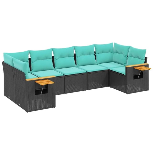 vidaXL 7-Tlg Garten-Sofagarnitur mit Kissen Schwarz Poly Rattan 3227107