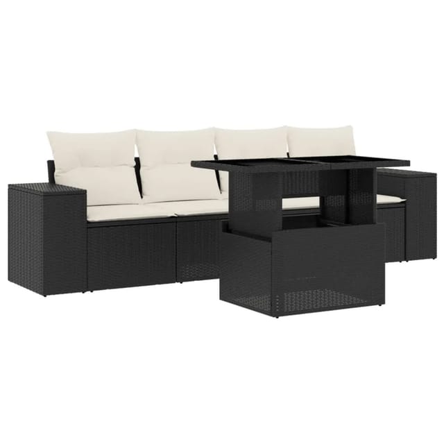 vidaXL 5-Tlg Garten-Sofagarnitur mit Kissen Schwarz Poly Rattan 3268986