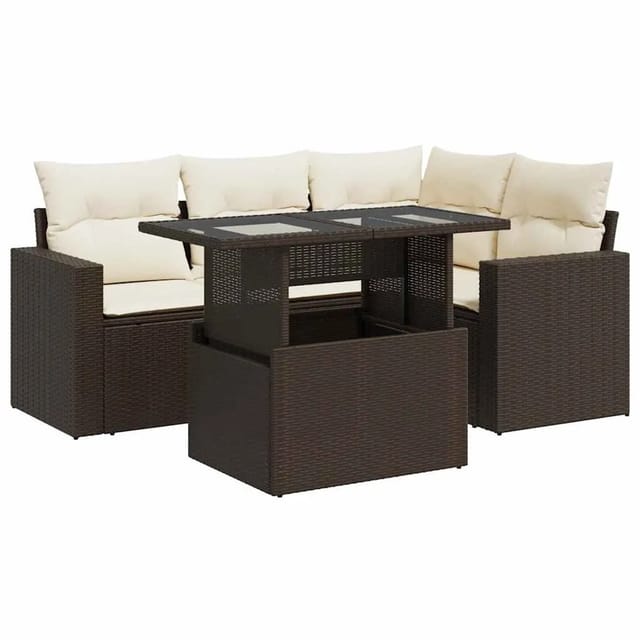 vidaXL 5-Tlg Garten-Sofagarnitur mit Kissen Braun Poly Rattan 3326314
