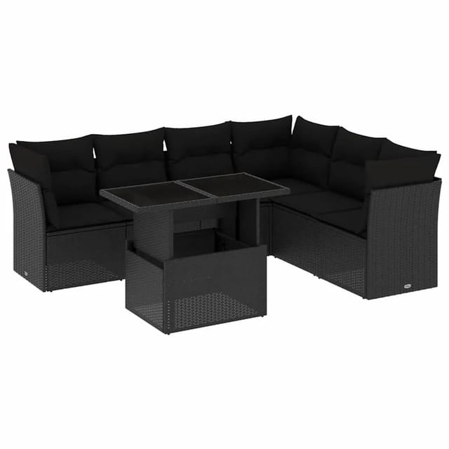 vidaXL 7-Tlg Garten-Sofagarnitur mit Kissen Schwarz Poly Rattan 3266605