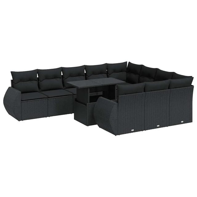 vidaXL 11-Tlg Garten-Sofagarnitur mit Kissen Schwarz Poly Rattan 3326706