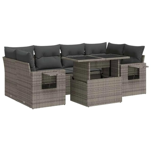 vidaXL 7-Tlg Garten-Sofagarnitur mit Kissen Grau Poly Rattan 3326431