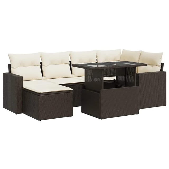 vidaXL 7-Tlg Garten-Sofagarnitur mit Kissen Braun Poly Rattan 3326354