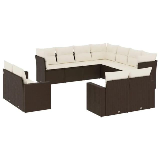 vidaXL 11-Tlg Garten-Sofagarnitur mit Kissen Braun Poly Rattan 3219123