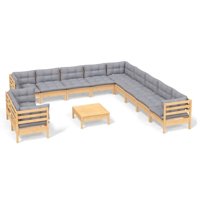 vidaXL 12-Tlg Garten-Lounge-Set mit Grauen Kissen Massivholz Kiefer 3096928