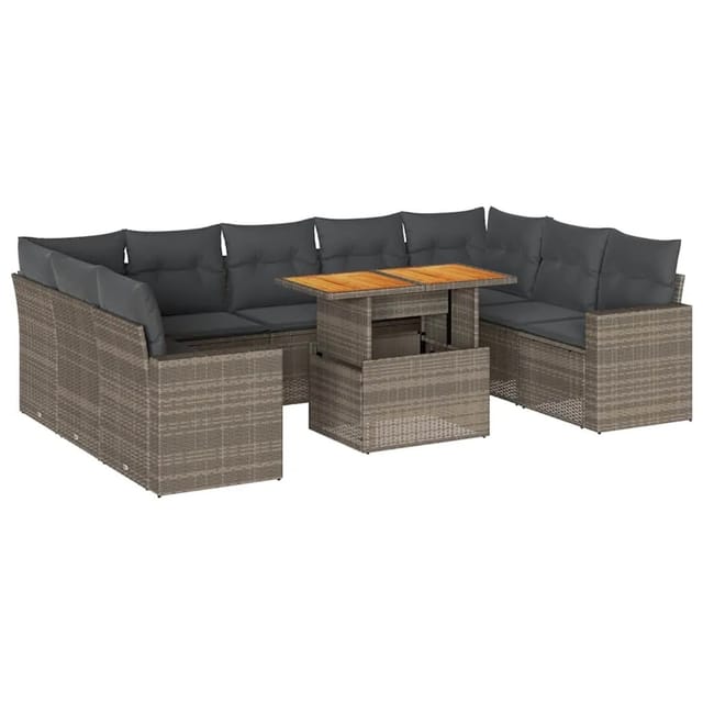 vidaXL 10-Tlg Garten-Sofagarnitur mit Kissen Grau Poly Rattan 3327084