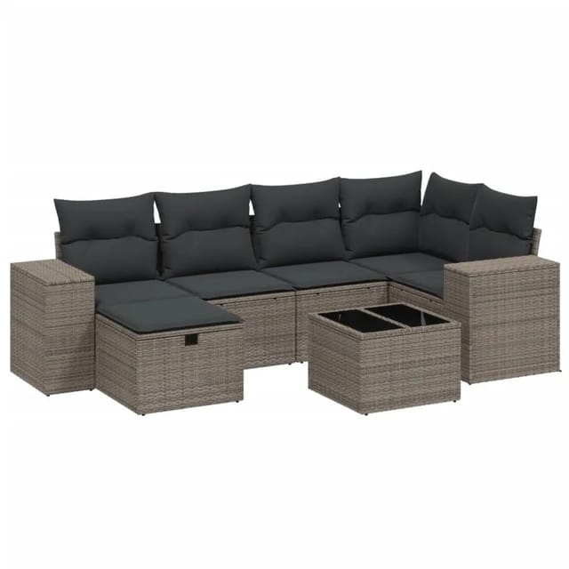 vidaXL 7-Tlg Garten-Sofagarnitur mit Kissen Hellgrau Poly Rattan 3264428