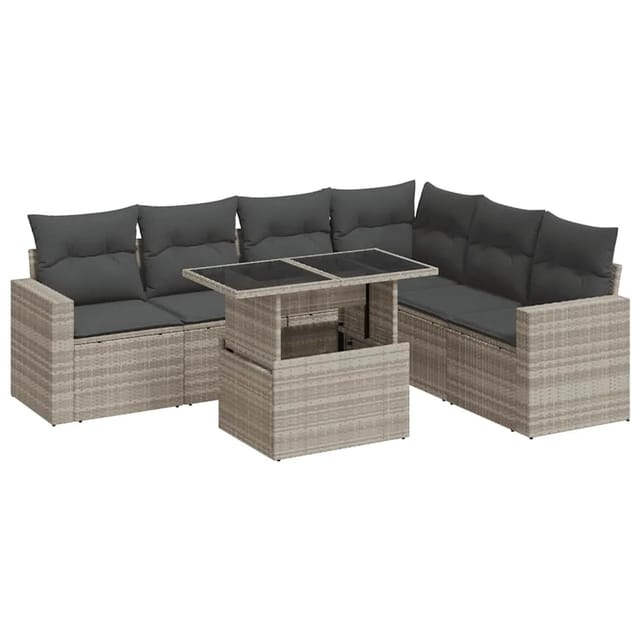 vidaXL 7-Tlg Garten-Sofagarnitur mit Kissen Hellgrau Poly Rattan 3326333