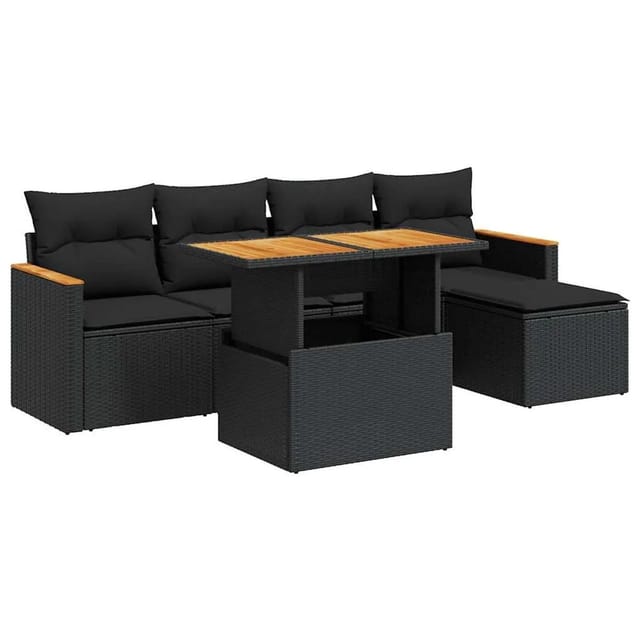 vidaXL 6-Tlg Garten-Sofagarnitur mit Kissen Schwarz Poly Rattan 3327471