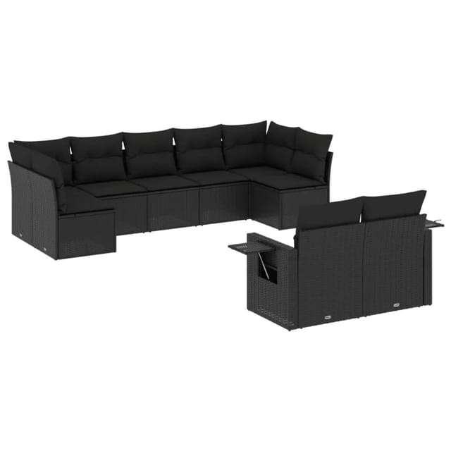 vidaXL 9-Tlg Garten-Sofagarnitur mit Kissen Schwarz Poly Rattan 3252952