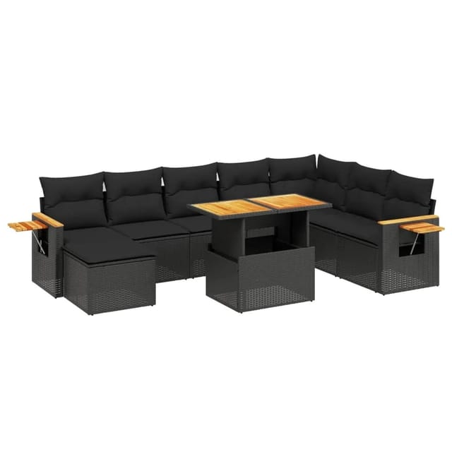 vidaXL 9-Tlg Garten-Sofagarnitur mit Kissen Schwarz Poly Rattan 3273652