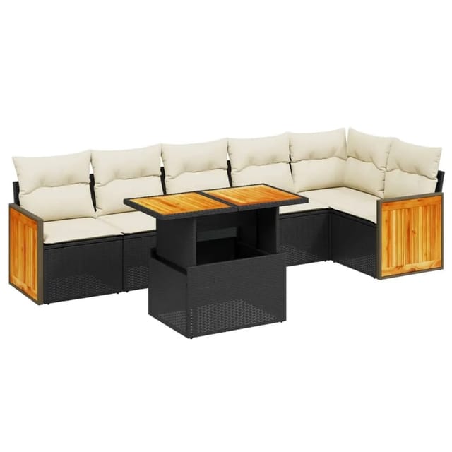 vidaXL 7-Tlg Garten-Sofagarnitur mit Kissen Schwarz Poly Rattan 3273968