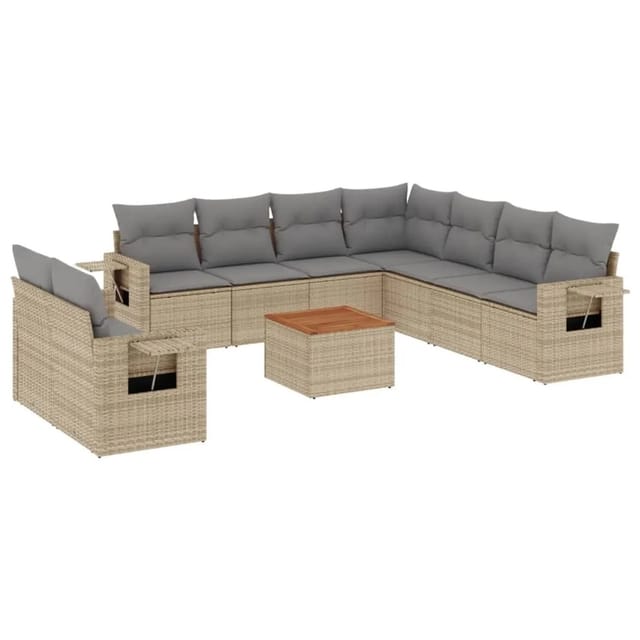 vidaXL 10-Tlg Garten-Sofagarnitur mit Kissen Beige Poly Rattan 3256962