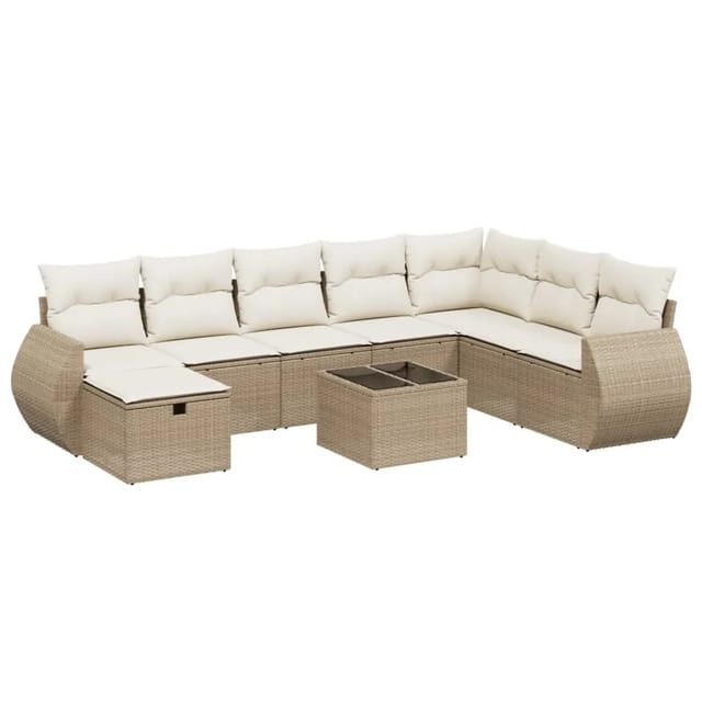 vidaXL 9-Tlg Garten-Sofagarnitur mit Kissen Beige Poly Rattan 3264214