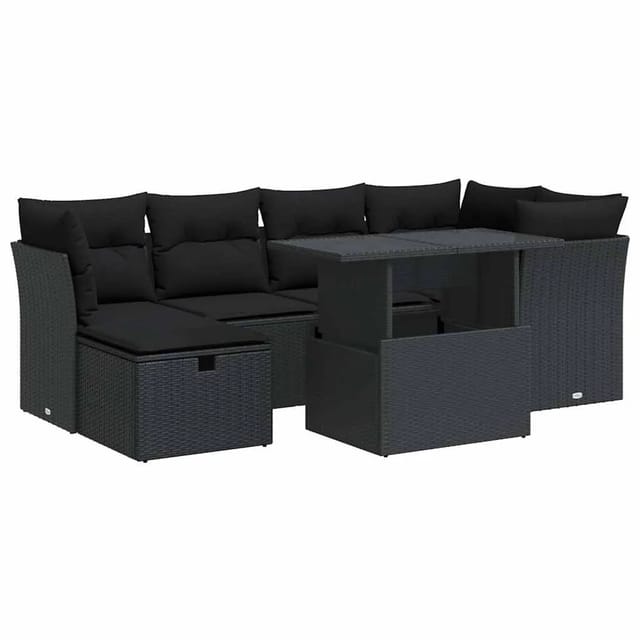 vidaXL 7-Tlg Garten-Sofagarnitur mit Kissen Schwarz Poly Rattan 3327775