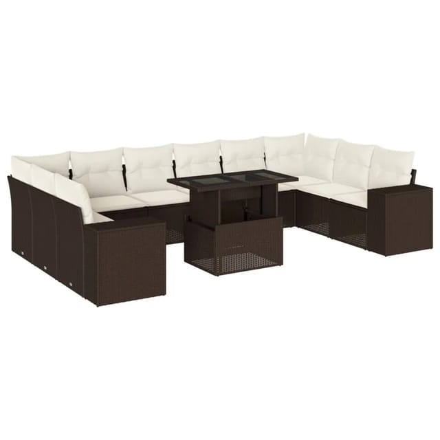 vidaXL 11-Tlg Garten-Sofagarnitur mit Kissen Braun Poly Rattan 3269413