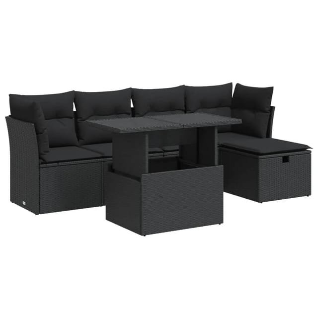 vidaXL 6-Tlg Garten-Sofagarnitur mit Kissen Schwarz Poly Rattan 3326136