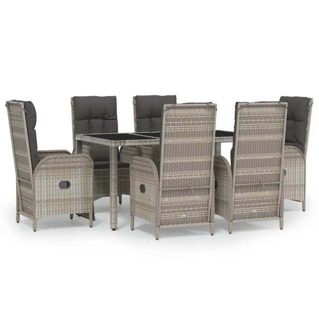 vidaXL 7-Tlg Garten-Essgruppe mit Kissen Grau Poly Rattan 3185036