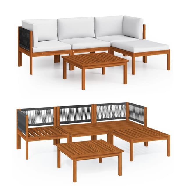 vidaXL 5-Tlg Garten-Lounge-Set mit Kissen Cremefarbenes Holz Akazie Seil 3057879