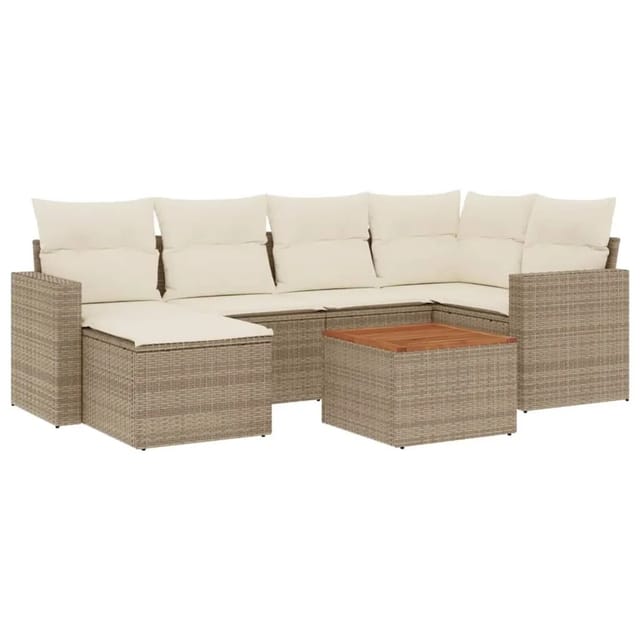 vidaXL 7-Tlg Garten-Sofagarnitur mit Kissen Beige Poly Rattan 3256555