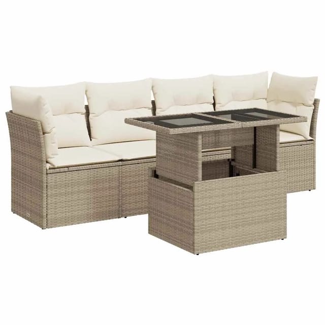 vidaXL 5-Tlg Garten-Sofagarnitur mit Kissen Beige Poly Rattan 3326089