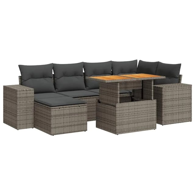 vidaXL 7-Tlg Garten-Sofagarnitur mit Kissen Grau Poly Rattan 3327399