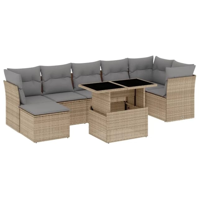 vidaXL 8-Tlg Garten-Sofagarnitur mit Kissen Beige Poly Rattan 3266749