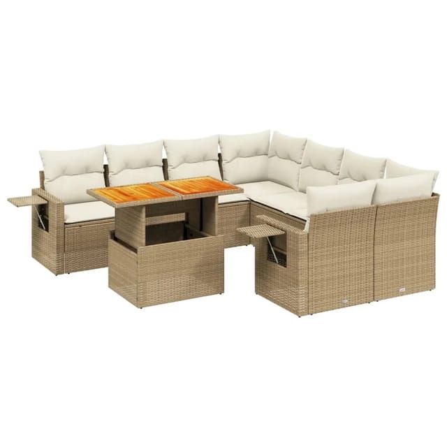 vidaXL 9-Tlg Garten-Sofagarnitur mit Kissen Beige Poly Rattan 3271681