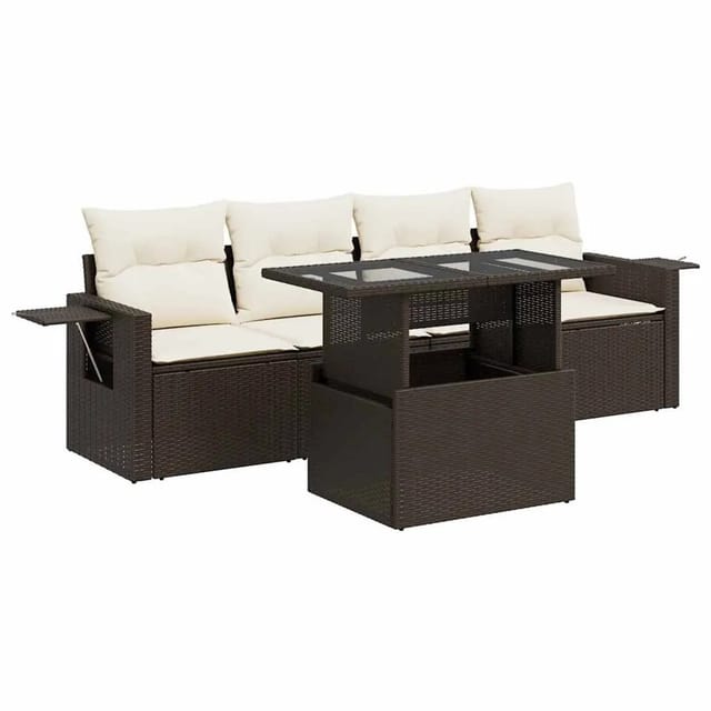 vidaXL 5-Tlg Garten-Sofagarnitur mit Kissen Braun Poly Rattan 3326404