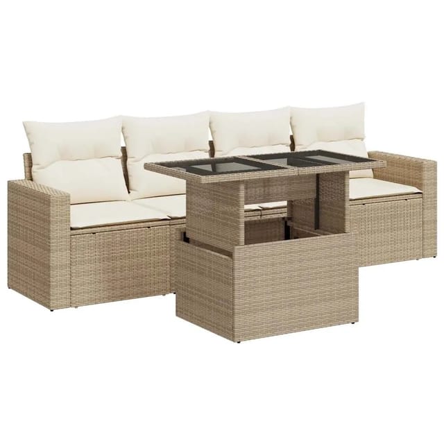 vidaXL 5-Tlg Garten-Sofagarnitur mit Kissen Beige Poly Rattan 3326239