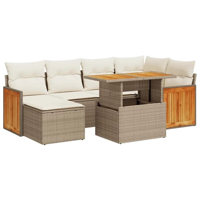 vidaXL 7-Tlg Garten-Sofagarnitur mit Kissen Beige Poly Rattan Akazie 3327733