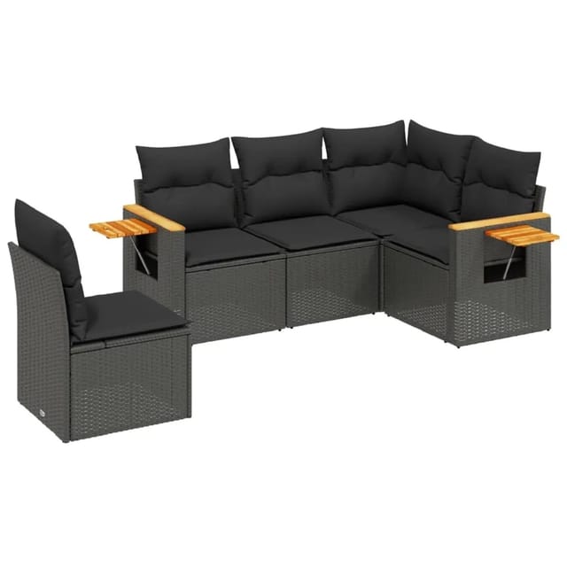 vidaXL 5-Tlg Garten-Sofagarnitur mit Kissen Schwarz Poly Rattan 3259213