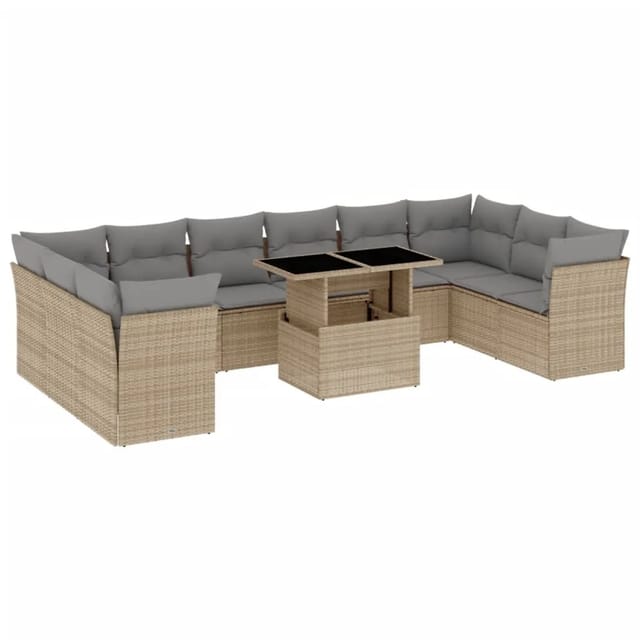 vidaXL 11-Tlg Garten-Sofagarnitur mit Kissen Beige Poly Rattan 3266859