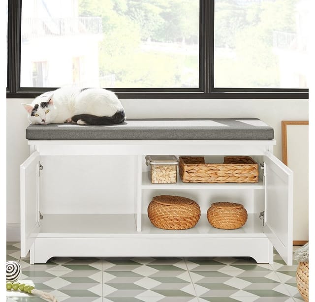 SoBuy Katzenhaus mit Katzennäpfe Schuhbank mit Sitzfläche und Tierhaus Weiß 90x44x36cm FSR136-W