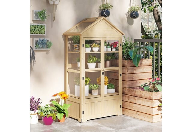 Outsunny Frühbeet Abschließbar mit 4 Ebenen Dachfenster Natur 100 x 56,5 x 178cm