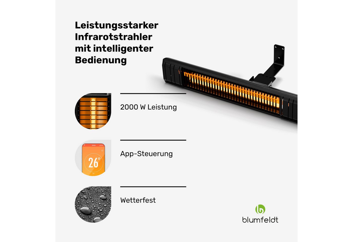 Blumfeldt Gold Bar Slim 2000 W Heizstrahler 9 Heizstufen WiFi-Funktion Touchscreen Fernbedienung IP 65 Schwarz Bild 4