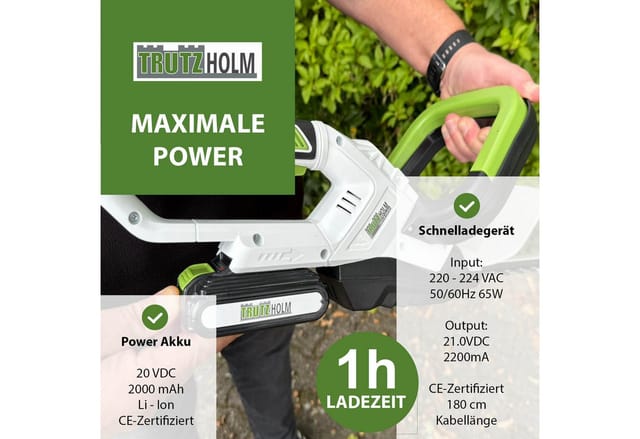 TRUTZHOLM Akku Heckenschere 20V 2Ah mit 2 Akkus und Schnellladegerät Schnittlänge 520 mm