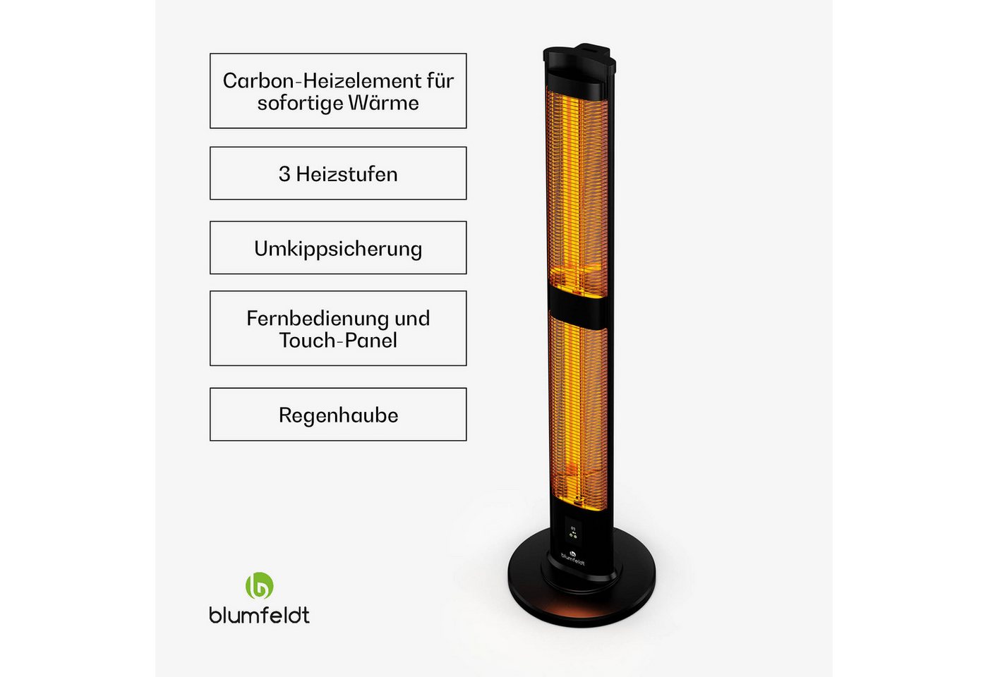 Blumfeldt BlazeTower Standheizer 3000 W Außenbereich 3 Heizstufen IP45 Fernbedienung Timer Schwarz