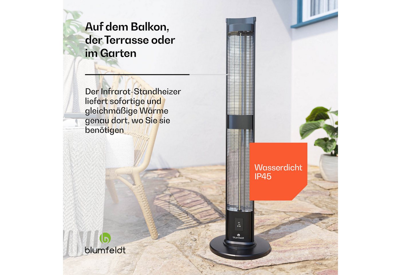 Blumfeldt BlazeTower Standheizer 3000 W Außenbereich 3 Heizstufen IP45 Fernbedienung Timer Schwarz Bild 3