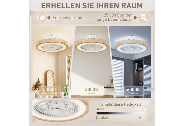 HOMCOM Deckenventilator mit Beleuchtung und Fernbedienung Dimmbare LED Deckenleuchte