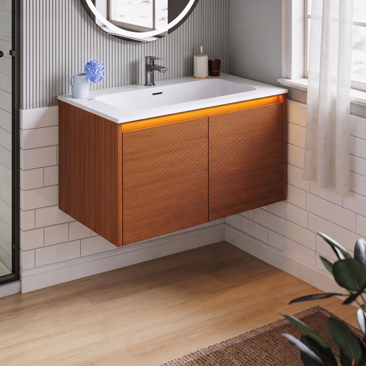 Sonni Freistehender Waschtisch Mit Sensorgesteuerter Led-beleuchtung, Per Knopfdruck Zu Öffnenden Doppeltüren, Metallbeinen, 790 × 495 × 450 Mm, Inklusive Waschbecken.