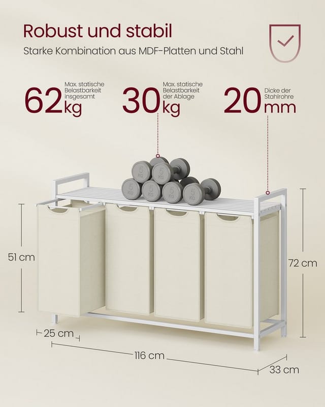 Songmics Wäschesammler Brenta mit 4 Fächern 160, Creme-Weiß