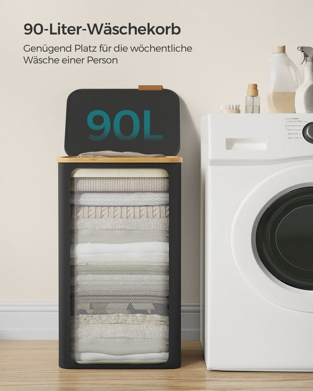 Songmics Wäschesammler Roxanne mit Deckel 90, Schwarz